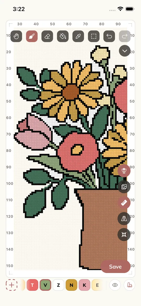 The Crossie pattern editor with paint, fill, and mirror tools