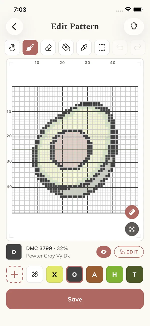 The Crossie pattern editor with paint, fill, and mirror tools
