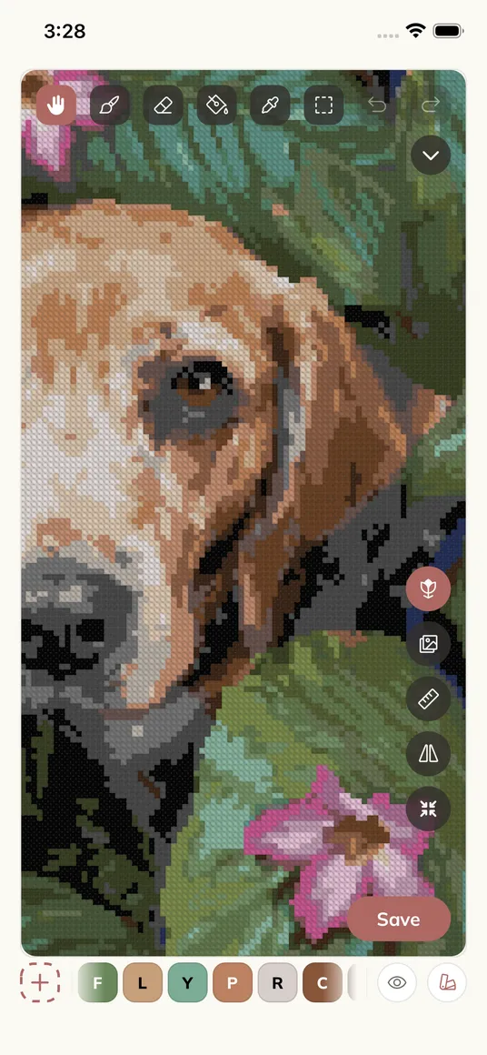 A dog photo converted into a cross stitch chart with a DMC color key