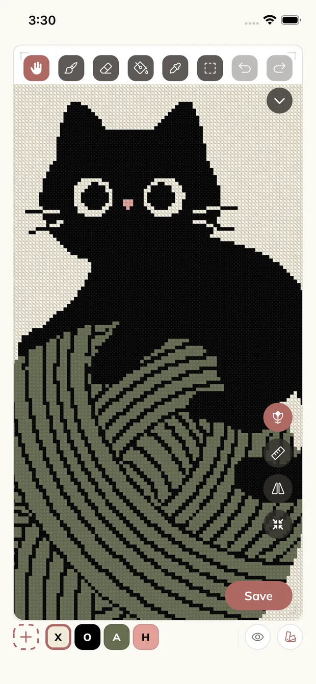 A cat and yarn picture turned into a counted cross stitch chart in Crossie on iPhone