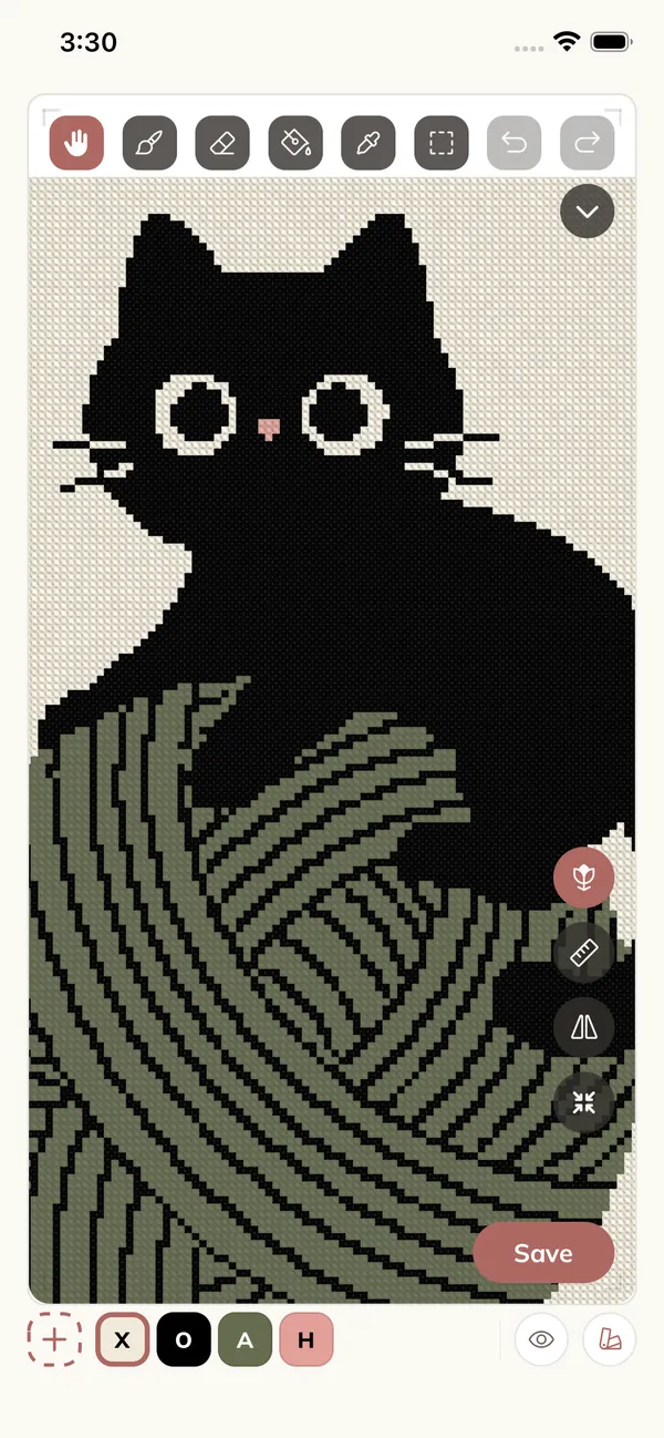 A cat and yarn picture converted into a cross stitch chart in Crossie