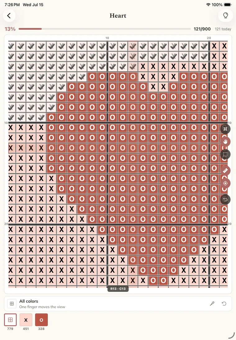 The Heart pattern in Stitch Mode on an iPad, 13 percent complete