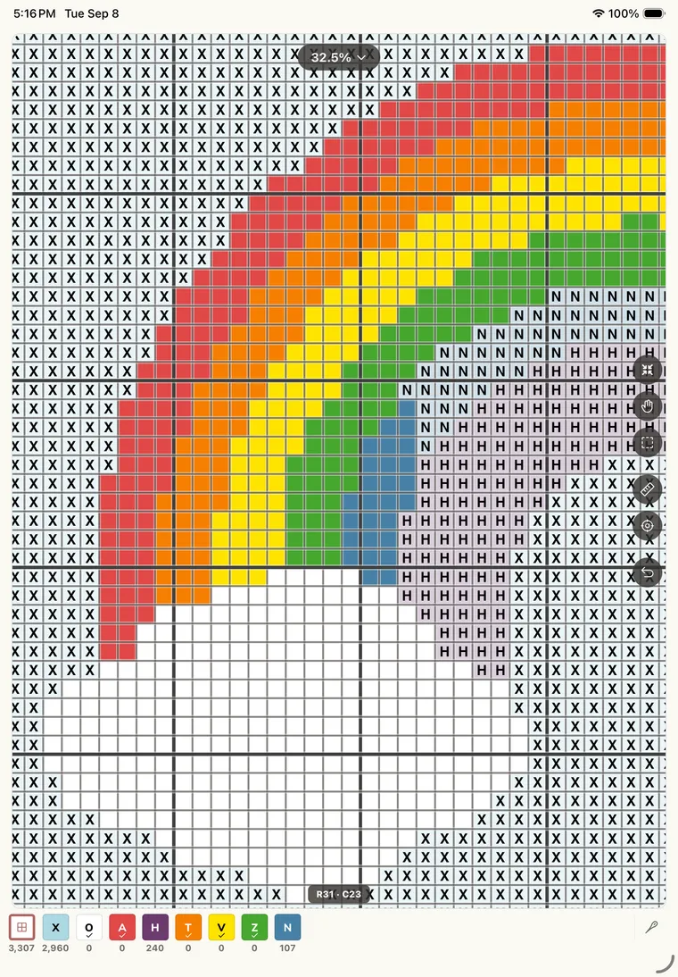 The Rainbow pattern in Stitch Mode on an iPad, part way through