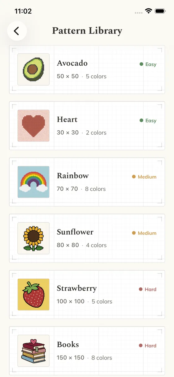 Crossie's practice pattern library with easy, medium, and hard designs