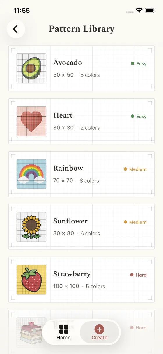 Crossie's practice pattern library with easy, medium, and hard designs