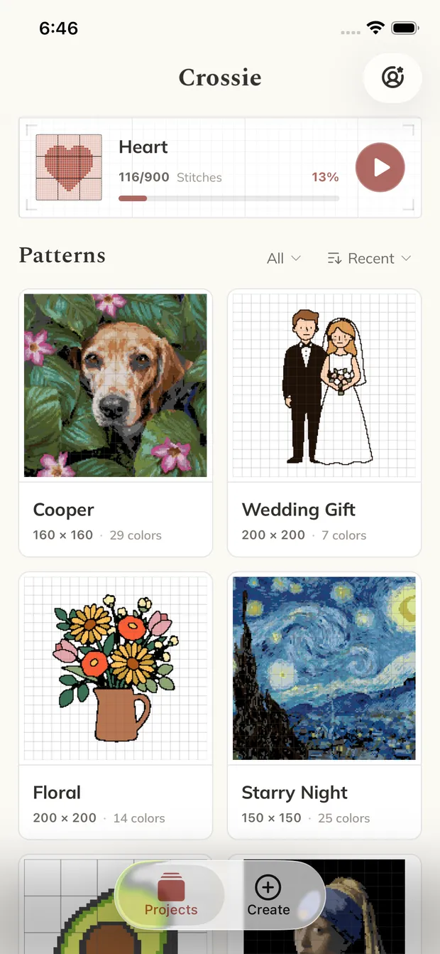 Crossie showing a counted cross stitch chart on iPhone