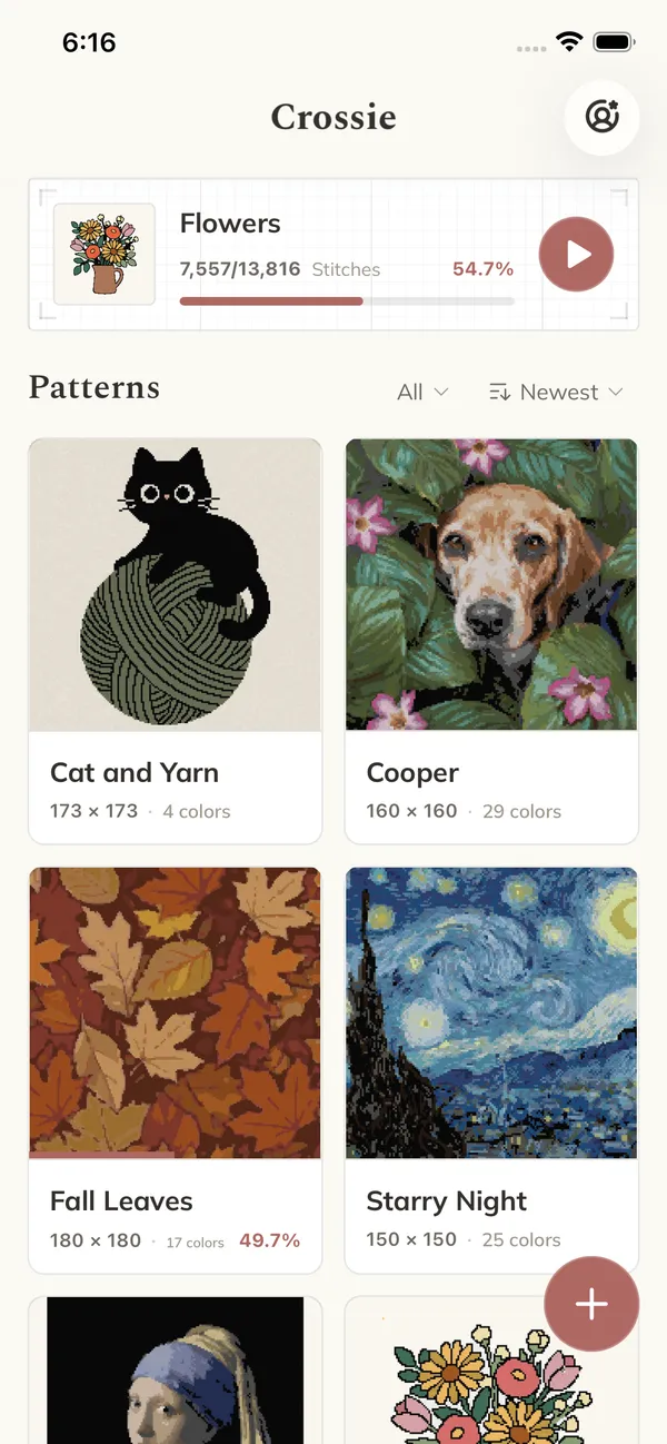 A collection of cross stitch patterns in Crossie, each showing how far through it is