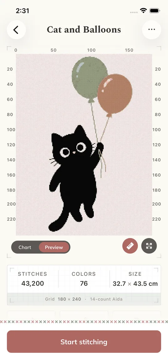 A cross stitch chart imported from a PDF, ready to stitch in Crossie