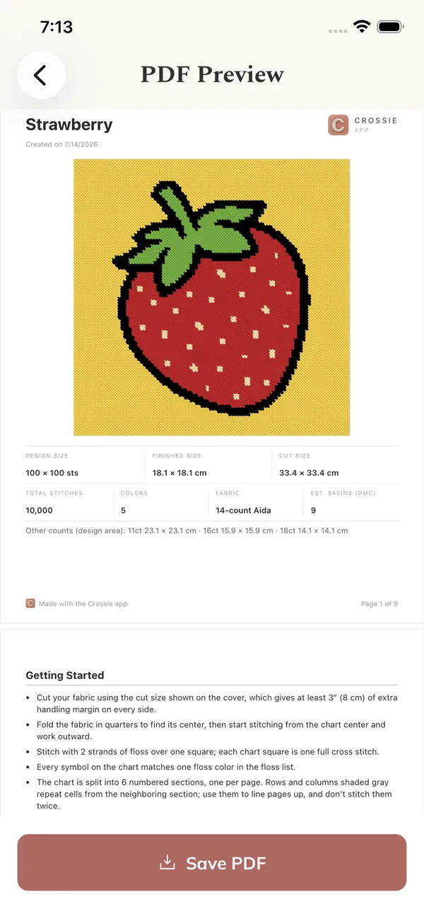 A print-ready PDF pattern with chart pages and a floss shopping list