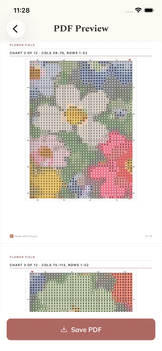 A print-ready PDF pattern with chart pages and a floss shopping list
