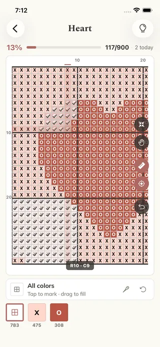The same Heart pattern in Stitch Mode on an iPhone, in step at 13 percent