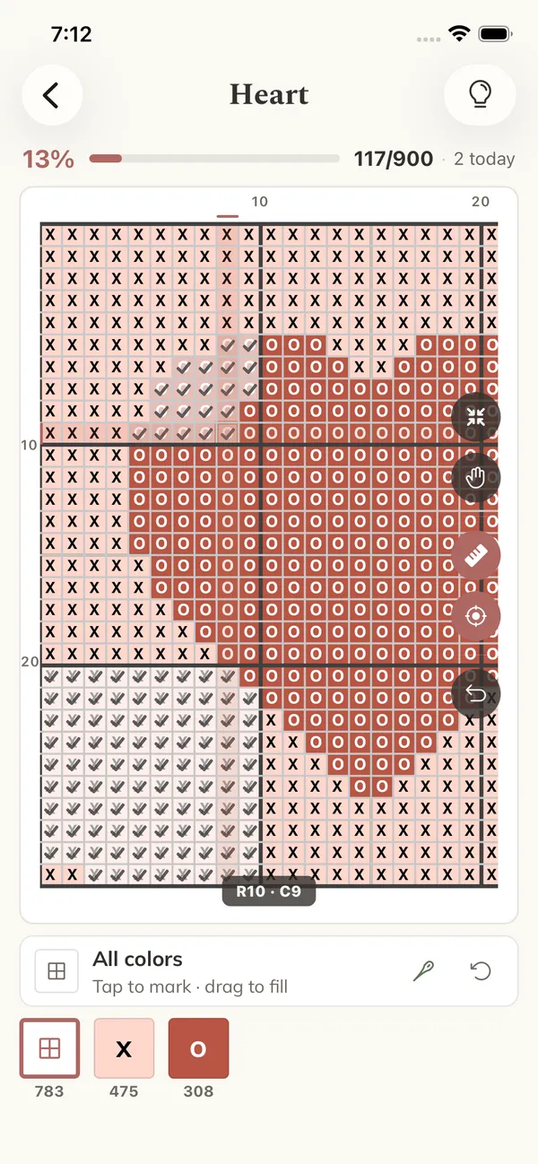 Stitch Mode marking completed stitches with progress shown
